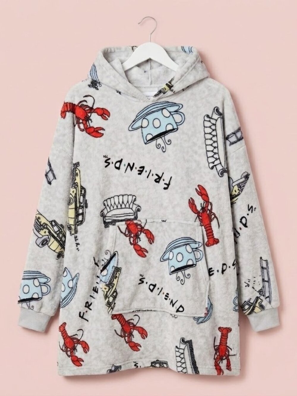 NWT FRIENDS TV Show Cartoon Design Grey Cozy Blanket Hoodie